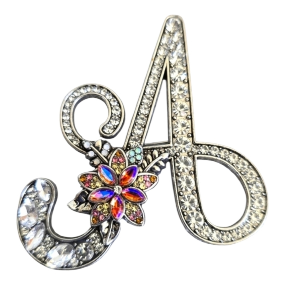 Letter A Initial Brooch Pin Lapel Scarf Silver Rhinestone Crystal Floral Pink